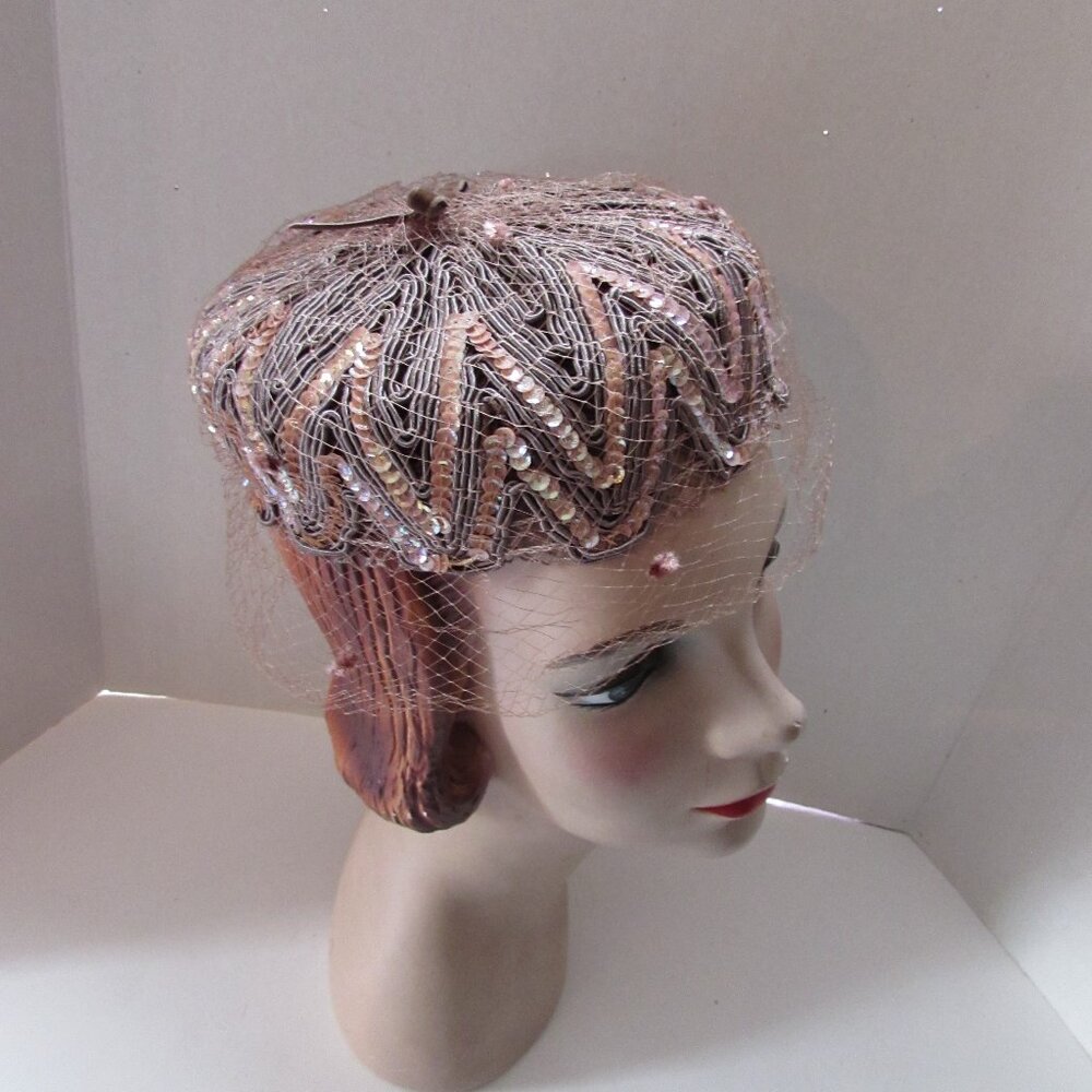 1960 Era Cocktail Hat Pill Box Style Shiny Sequins Thin Cord Zig Zag